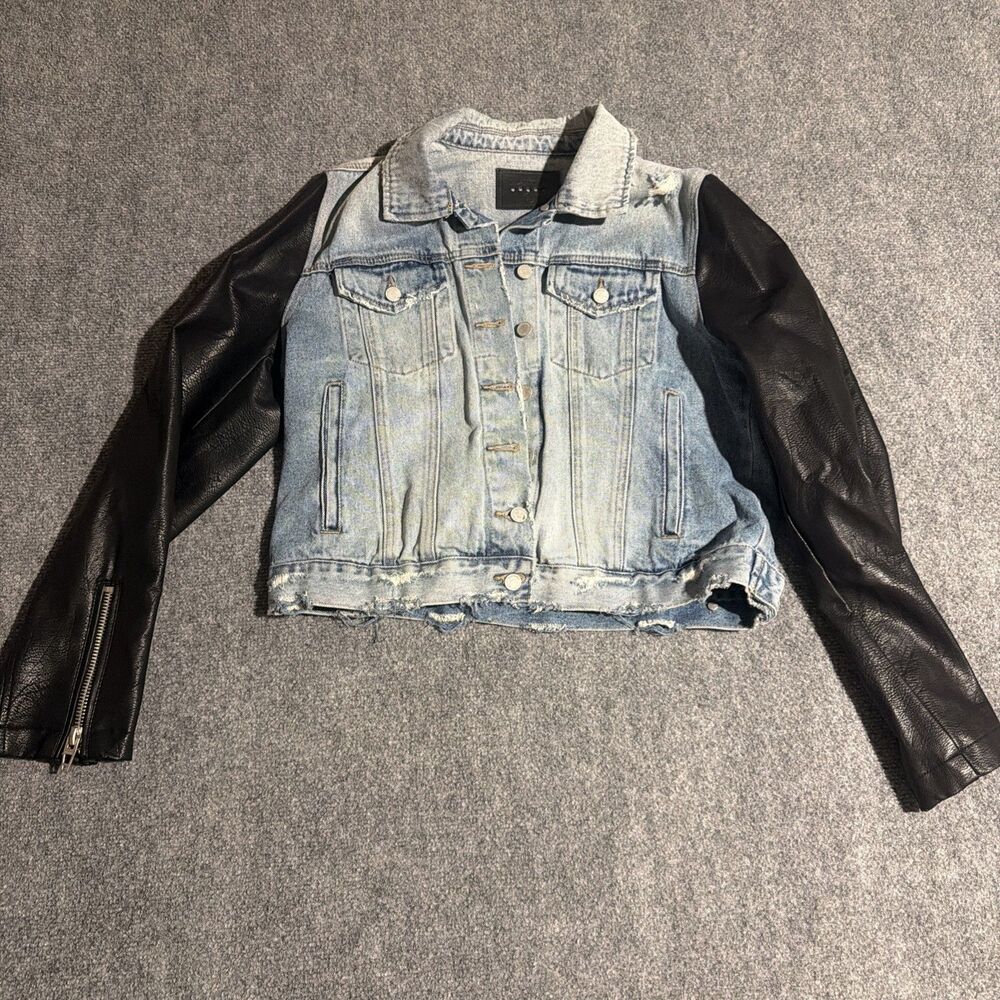 Blank NYC Faux Leather Denim Jacket Womens Large Blue Button Front Cotton
